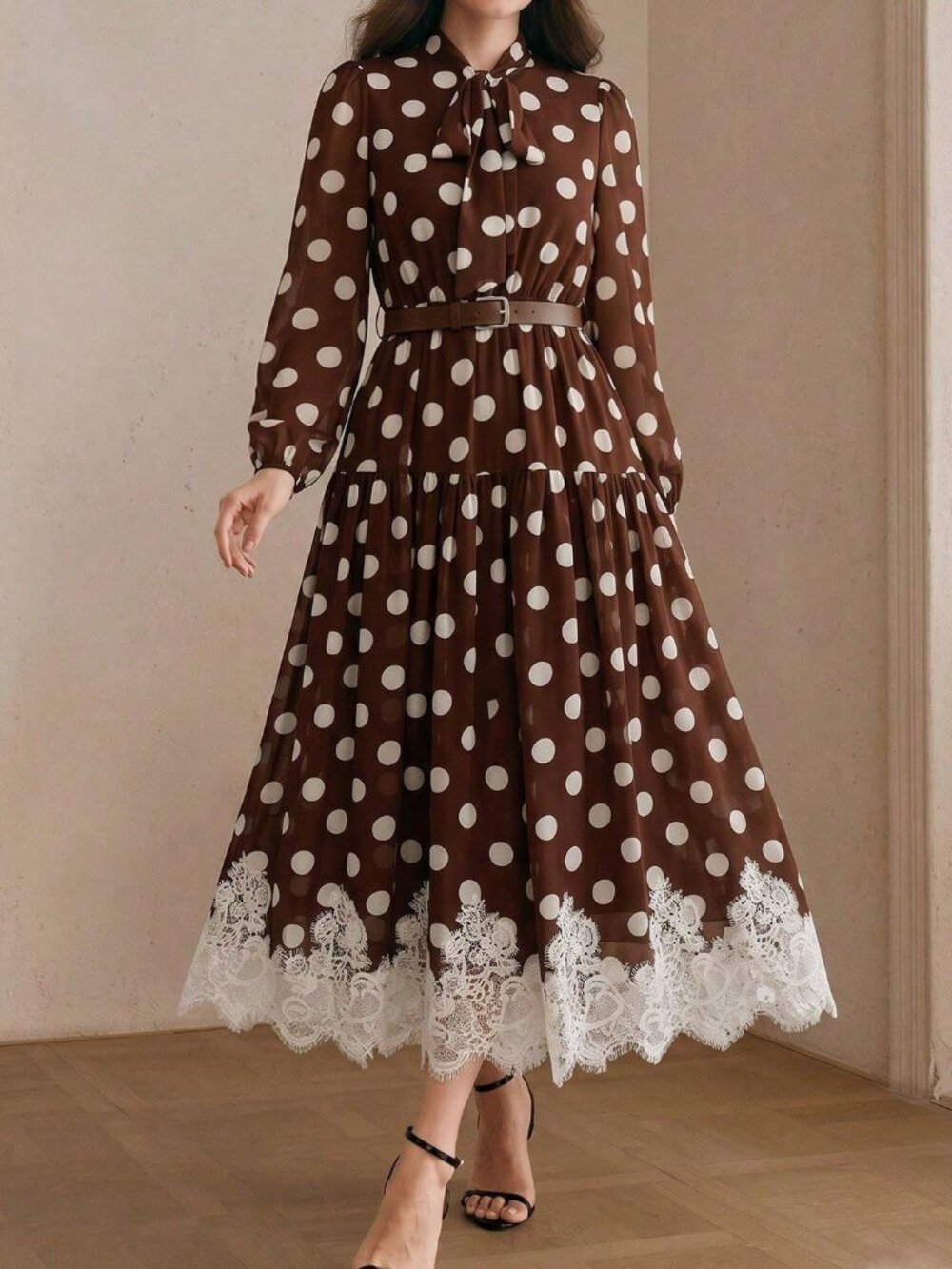 Coffee Elegant Women's Polka Dot Chiffon Lace Tie Waist Long Sleeve Dress - Picture 3 of 7